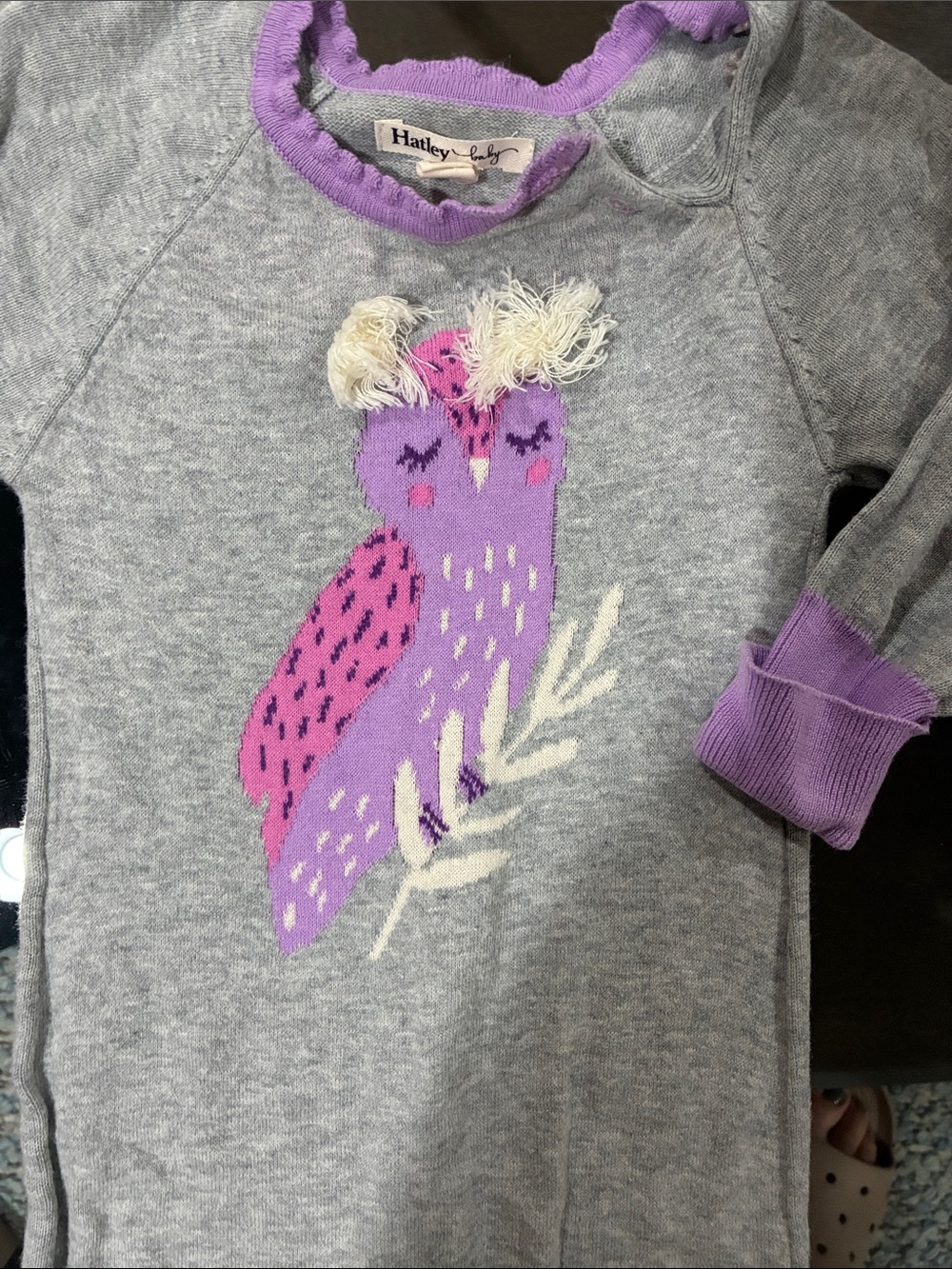Hatley Gray Sweater with Purple & Pink Owl Applique